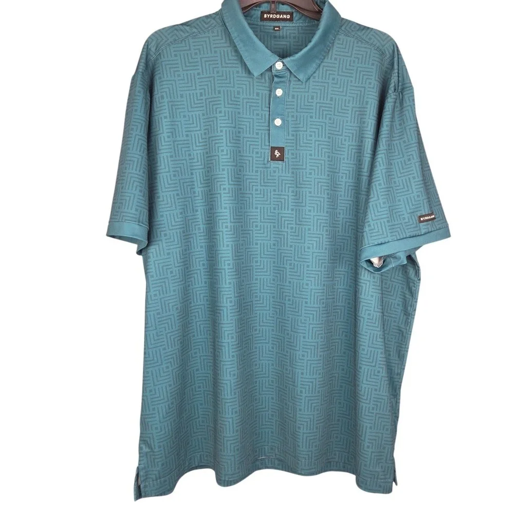 BYRD GANG Polo Men's 2XL Shirt‎ Teal Blue Geometric Print Short Sleeve Golf